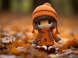 a crochet doll wearing an orange coat and hat sits on the ground generative ai photo