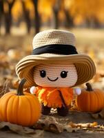 a crochet doll wearing a hat and holding pumpkins generative ai photo