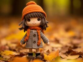 a crochet doll stands in the middle of a pile of fallen leaves generative ai photo