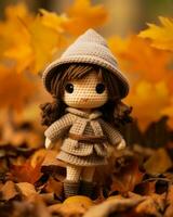 a crochet doll wearing a hat and coat in the fall leaves generative ai photo