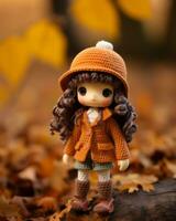 a crochet doll wearing an orange coat and boots standing on a log generative ai photo