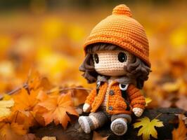 a crochet doll is sitting on a log in the autumn leaves generative ai photo