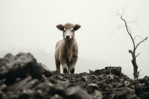 a cow standing on top of a pile of rocks generative ai photo