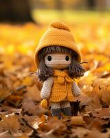 a crochet doll in a yellow dress and hat sitting in the leaves generative ai photo