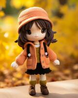 a crochet doll of a little girl wearing an orange coat and hat generative ai photo
