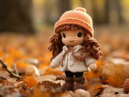 a crochet doll is standing in the leaves generative ai photo