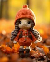 a crochet doll wearing an orange coat and hat on the ground generative ai photo