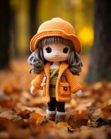 a crochet doll wearing an orange coat and hat stands in the leaves generative ai photo