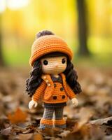 a crochet doll wearing an orange coat and hat generative ai photo