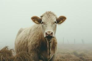 un vaca en pie en un brumoso campo generativo ai foto