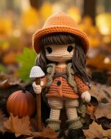 a crochet doll wearing an orange hat and holding a pumpkin generative ai photo
