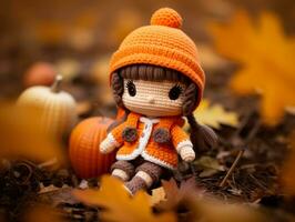 a crochet doll wearing an orange sweater and hat sits on the ground next to some pumpkins generative ai photo