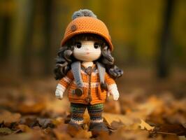 a crochet doll wearing an orange sweater and hat standing in the leaves generative ai photo