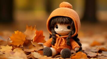 a crochet doll wearing an orange outfit sits on the ground surrounded by fallen leaves generative ai photo