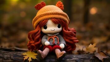 a crochet doll with red hair sitting on a log generative ai photo