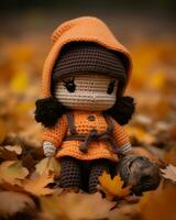 a crocheted doll in an orange outfit sitting in the leaves generative ai photo
