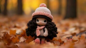 a crocheted doll is sitting in the leaves generative ai photo