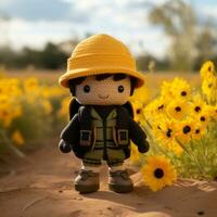 a crocheted doll standing in a field of yellow flowers generative ai photo