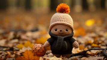 a crocheted doll is standing in the leaves generative ai photo