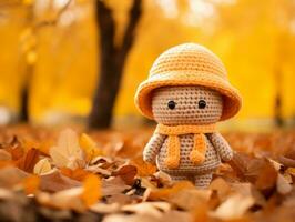 a crocheted doll wearing an orange hat and scarf on the ground generative ai photo