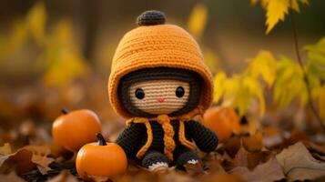 a crocheted doll wearing a pumpkin hat sits in the leaves generative ai photo