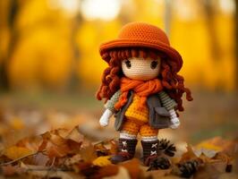a crocheted doll wearing an orange hat stands in the leaves generative ai photo