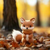 a crocheted fox is sitting in the leaves generative ai photo