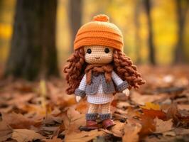 a crocheted doll wearing an orange hat stands in the leaves generative ai photo