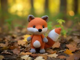 a crocheted fox sits on the ground surrounded by leaves generative ai photo