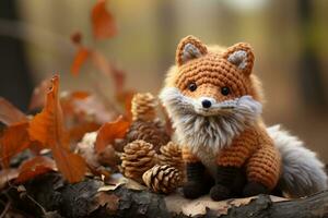 a crocheted fox sits on a log in the woods generative ai photo