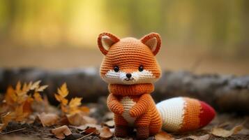 a crocheted fox sits on the ground in the fall generative ai photo