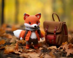 a crocheted fox stands next to a backpack generative ai photo