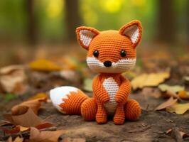 a crocheted fox sitting in the leaves generative ai photo