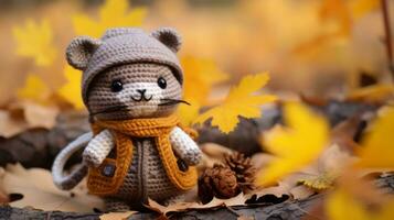 a crocheted mouse is sitting in a pile of autumn leaves generative ai photo