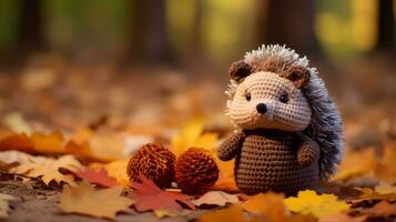 a crocheted hedgehog sits on the ground surrounded by autumn leaves generative ai photo