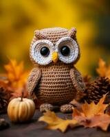 a crocheted owl sits on a table surrounded by autumn leaves generative ai photo