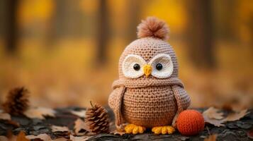 a crocheted owl sits on a log in the woods generative ai photo