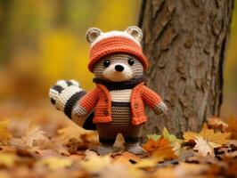 a crocheted raccoon wearing an orange sweater and hat generative ai photo