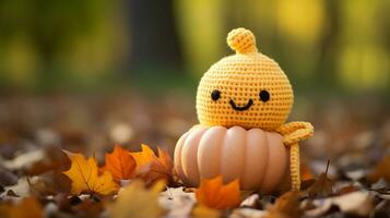 a crocheted pumpkin sitting on the ground surrounded by leaves generative ai photo