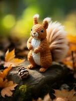 a crocheted squirrel sitting on a rock generative ai photo