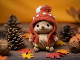 a crocheted squirrel in a red hat sits on a wooden table surrounded by autumn leaves generative ai photo
