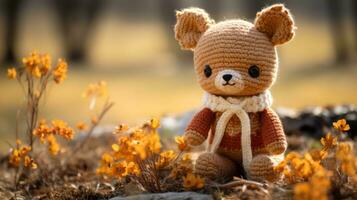 a crocheted teddy bear sitting in the grass generative ai photo