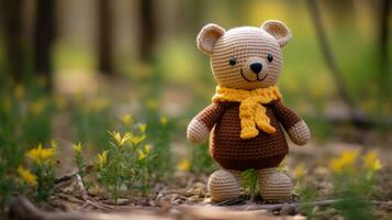 a crocheted teddy bear standing in the woods generative ai photo