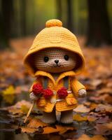 a crocheted teddy bear wearing a yellow raincoat generative ai photo