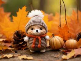 a crocheted teddy bear wearing an autumn hat and scarf generative ai photo