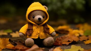 a crocheted teddy bear wearing a yellow raincoat generative ai photo