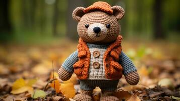 a crocheted teddy bear wearing an orange vest and hat generative ai photo