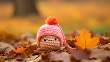 a crocheted toy in a pink hat laying on the ground surrounded by fallen leaves generative ai photo