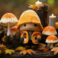 a crocheted toy in an orange jacket and hat sits next to some mushrooms generative ai photo