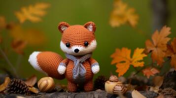 a crocheted toy of a fox standing in the autumn leaves generative ai photo